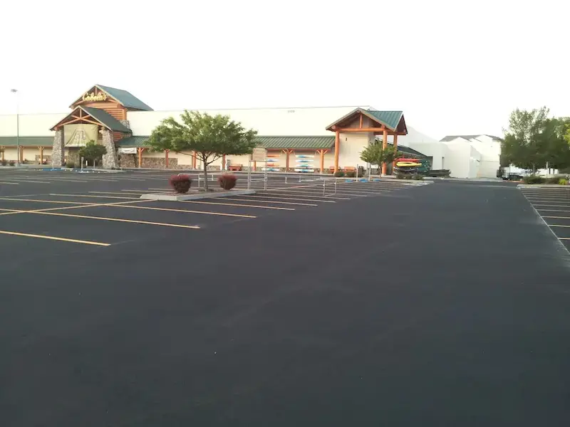 Freshly paved bank parking lot.